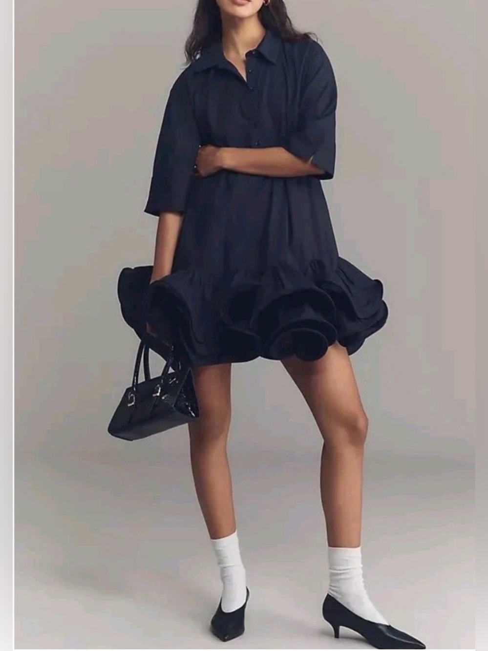 Anthropologie Maeve Short-Sleeve Collared 3D Ruffle Mini Shirt Dress Navy. XS